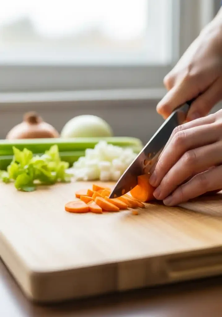 Hands dicing a fresh orange carrot on a wooden cutting board with other chopped vegetables nearby.