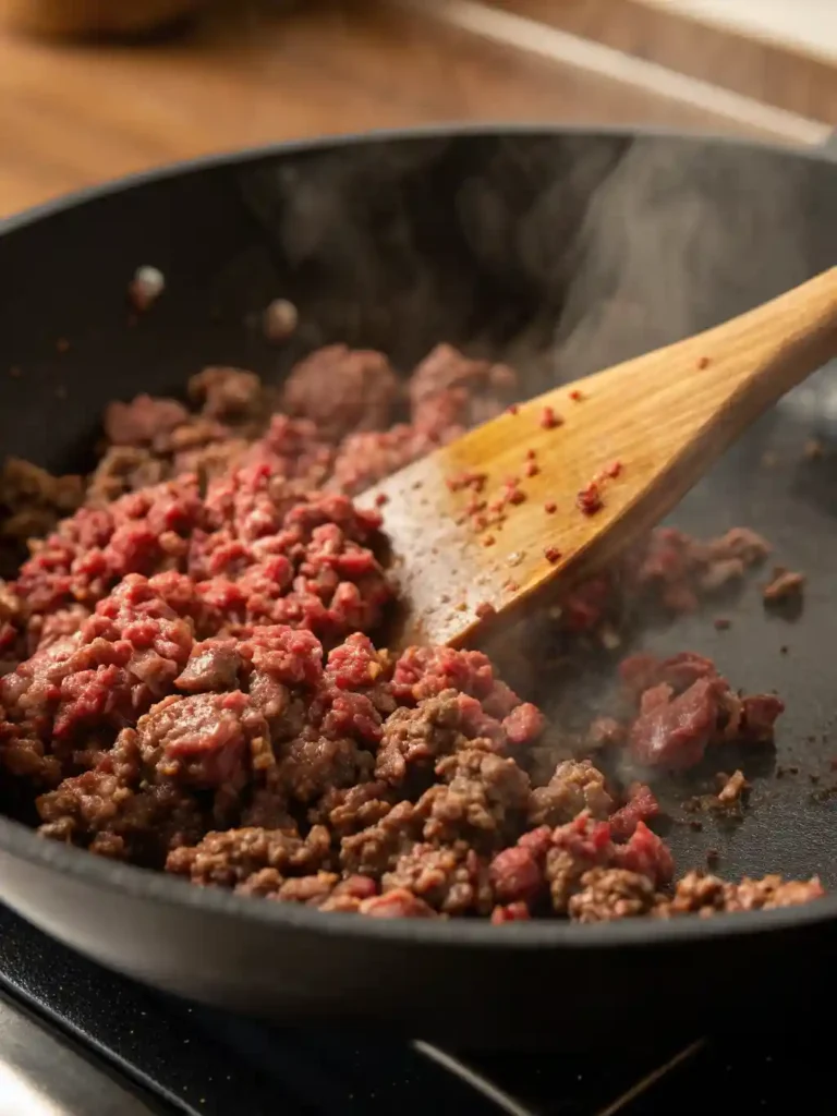 Ground beef being actively browned and crumbled with a spatula in a matte black skillet.