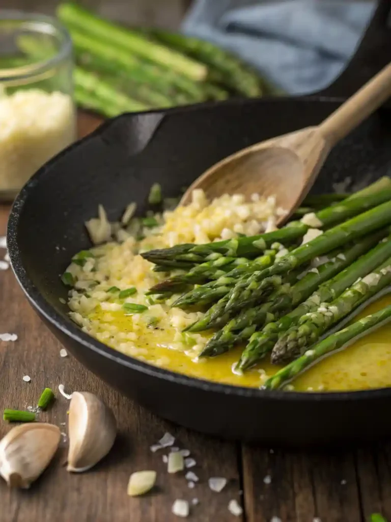 Minced garlic and asparagus spears cooking together in melted butter in a skillet.