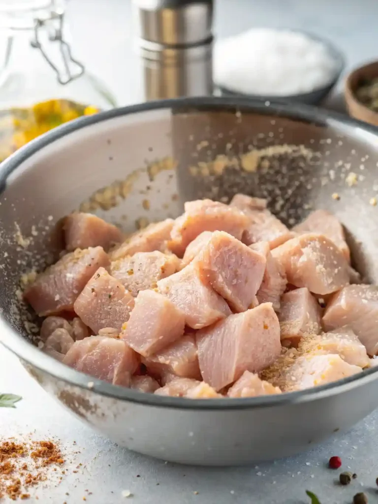 Raw chicken breast cubes being tossed in a bowl with Italian seasoning, salt, and pepper.