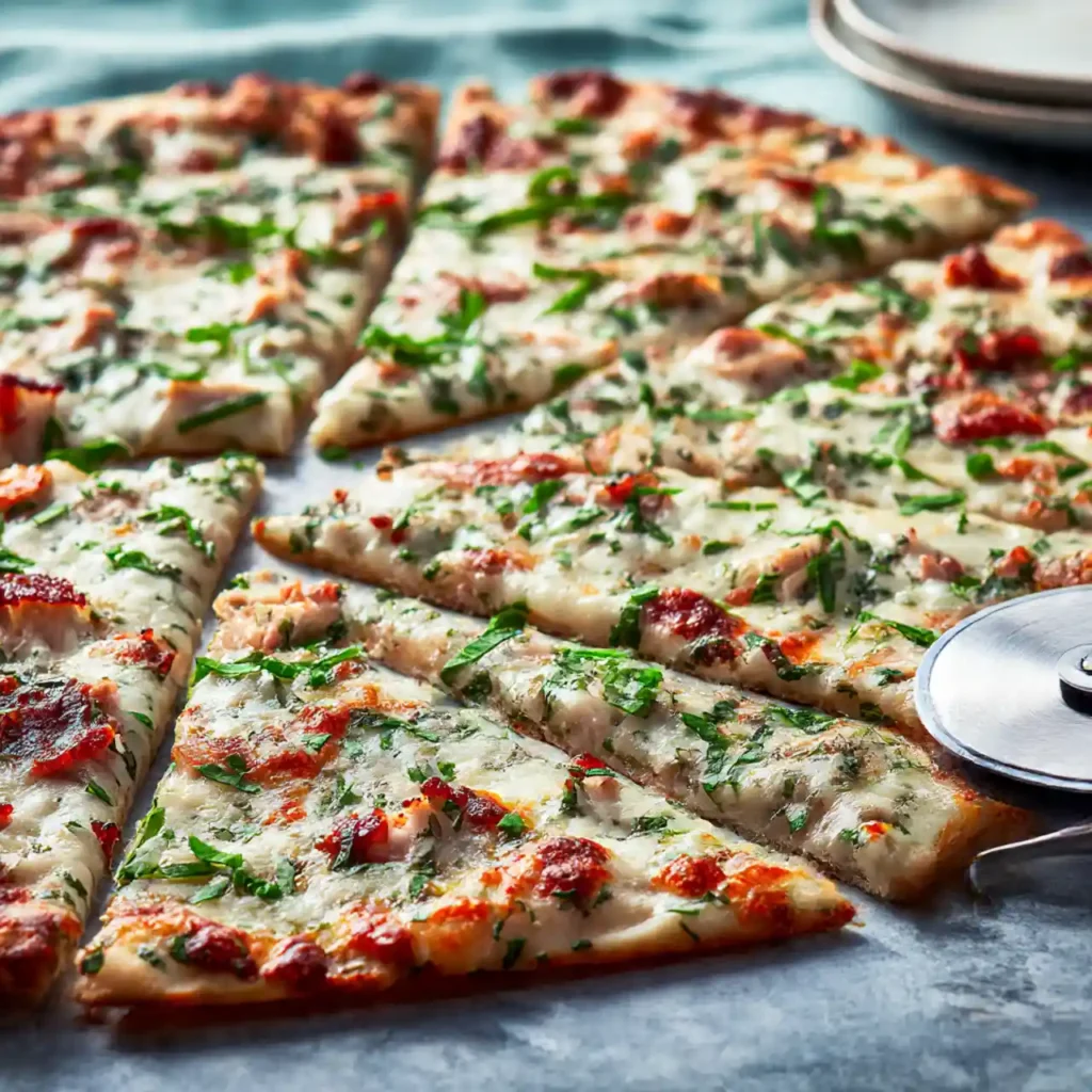 Freshly baked Chicken Alfredo Flatbread Pizza, golden brown with melted, bubbly cheese, garnished with fragrant chopped fresh basil, ready to be sliced and served.