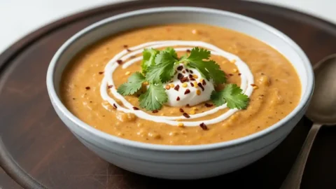 A close-up, appetizing image of creamy white chicken chili topped with fresh cilantro and Greek yogurt in a rustic bowl.