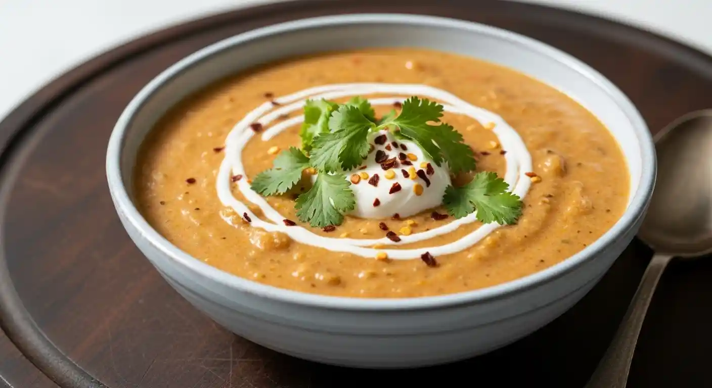 A close-up, appetizing image of creamy white chicken chili topped with fresh cilantro and Greek yogurt in a rustic bowl.