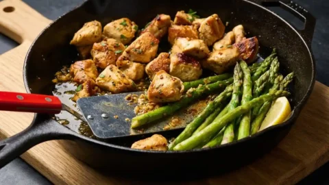 A cast iron skillet filled with golden brown chicken bites and bright green asparagus spears coated in a glossy garlic butter sauce, garnished with parsley.
