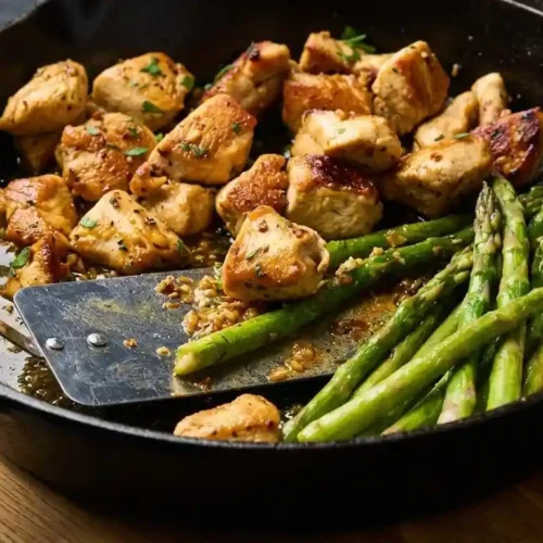 A cast iron skillet filled with golden brown chicken bites and bright green asparagus spears coated in a glossy garlic butter sauce, garnished with parsley.