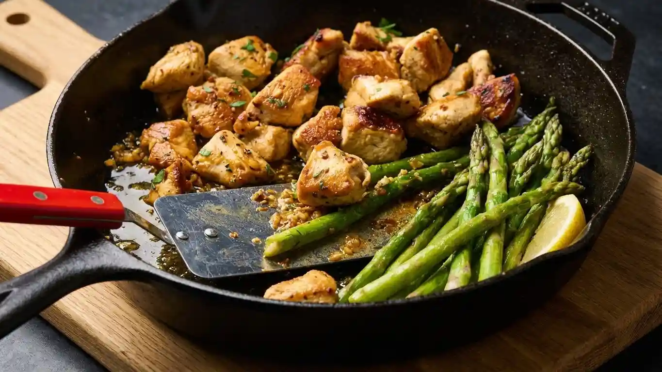A cast iron skillet filled with golden brown chicken bites and bright green asparagus spears coated in a glossy garlic butter sauce, garnished with parsley.