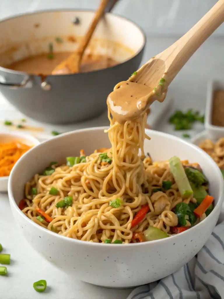 Hand tossing hot ramen noodles and vegetables in a large bowl, thoroughly coating them in the thick, creamy peanut sauce.