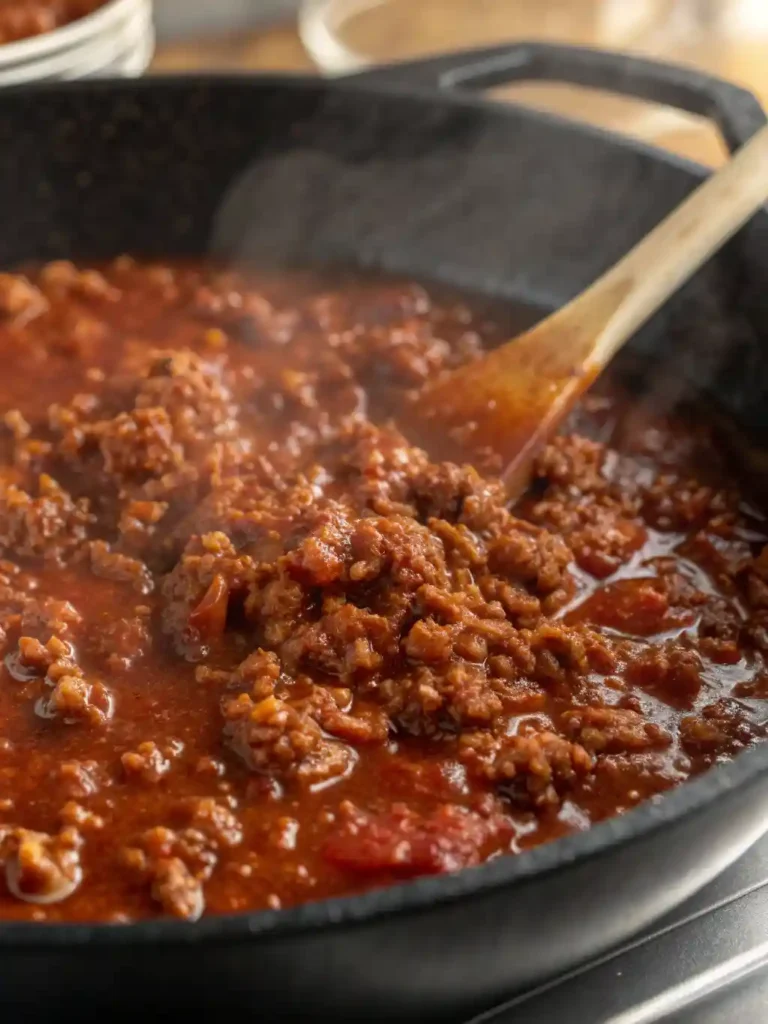 Thick, rich sloppy joe meat sauce gently bubbling and simmering in a dark skillet.