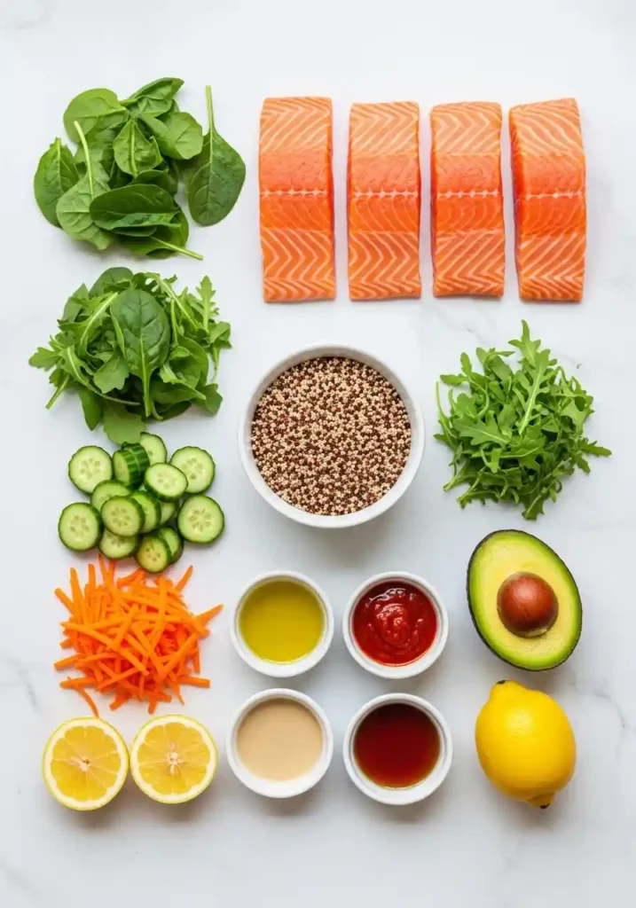 Overhead flat lay shot of fresh ingredients: salmon fillets, dry quinoa, mixed vegetables (avocado, cucumber, carrots), lemons, and dressing components.