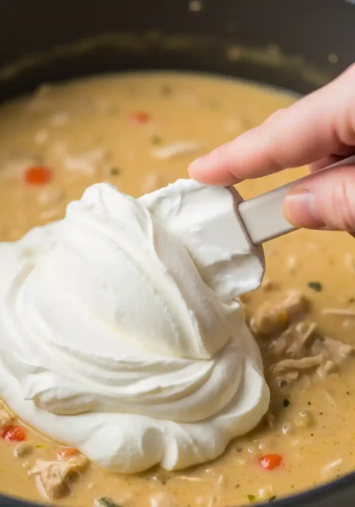 A hand stirring Greek yogurt into the hot white chicken chili after it has been removed from the heat to achieve a high-protein, creamy texture without curdling.
