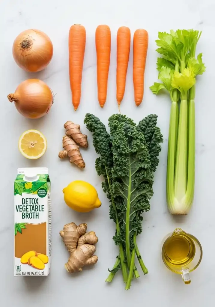 Overhead view of fresh, whole detox soup ingredients including kale, carrots, celery, turmeric, ginger, and lemon arranged neatly on a white marble counter.