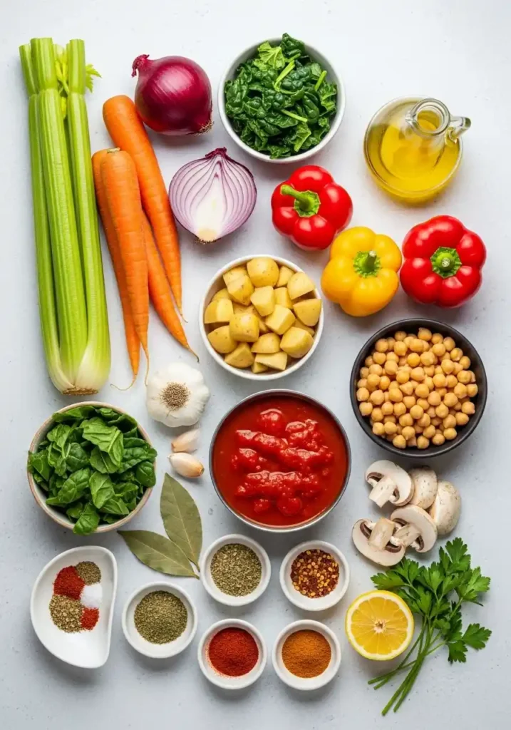 Overhead flat lay of all fresh and canned ingredients for vegan vegetable soup, including vegetables, spices, oil, and legumes, neatly arranged on a light surface.