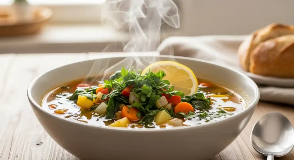 Close-up of a steaming bowl of vibrant vegan vegetable soup, garnished with fresh parsley and a lemon wedge, on a rustic wooden table.