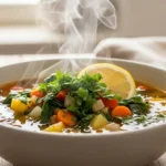 Close-up of a steaming bowl of vibrant vegan vegetable soup, garnished with fresh parsley and a lemon wedge, on a rustic wooden table.