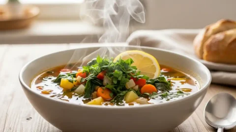 Close-up of a steaming bowl of vibrant vegan vegetable soup, garnished with fresh parsley and a lemon wedge, on a rustic wooden table.