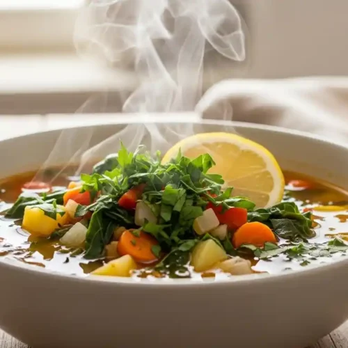 Close-up of a steaming bowl of vibrant vegan vegetable soup, garnished with fresh parsley and a lemon wedge, on a rustic wooden table.