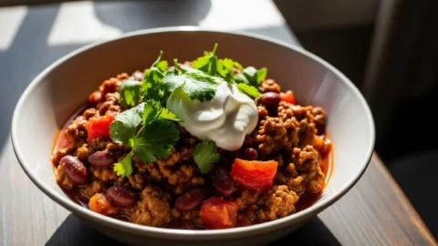 Close-up of a steaming bowl of hearty ground venison chili, garnished with fresh cilantro and sour cream on a rustic wooden table.