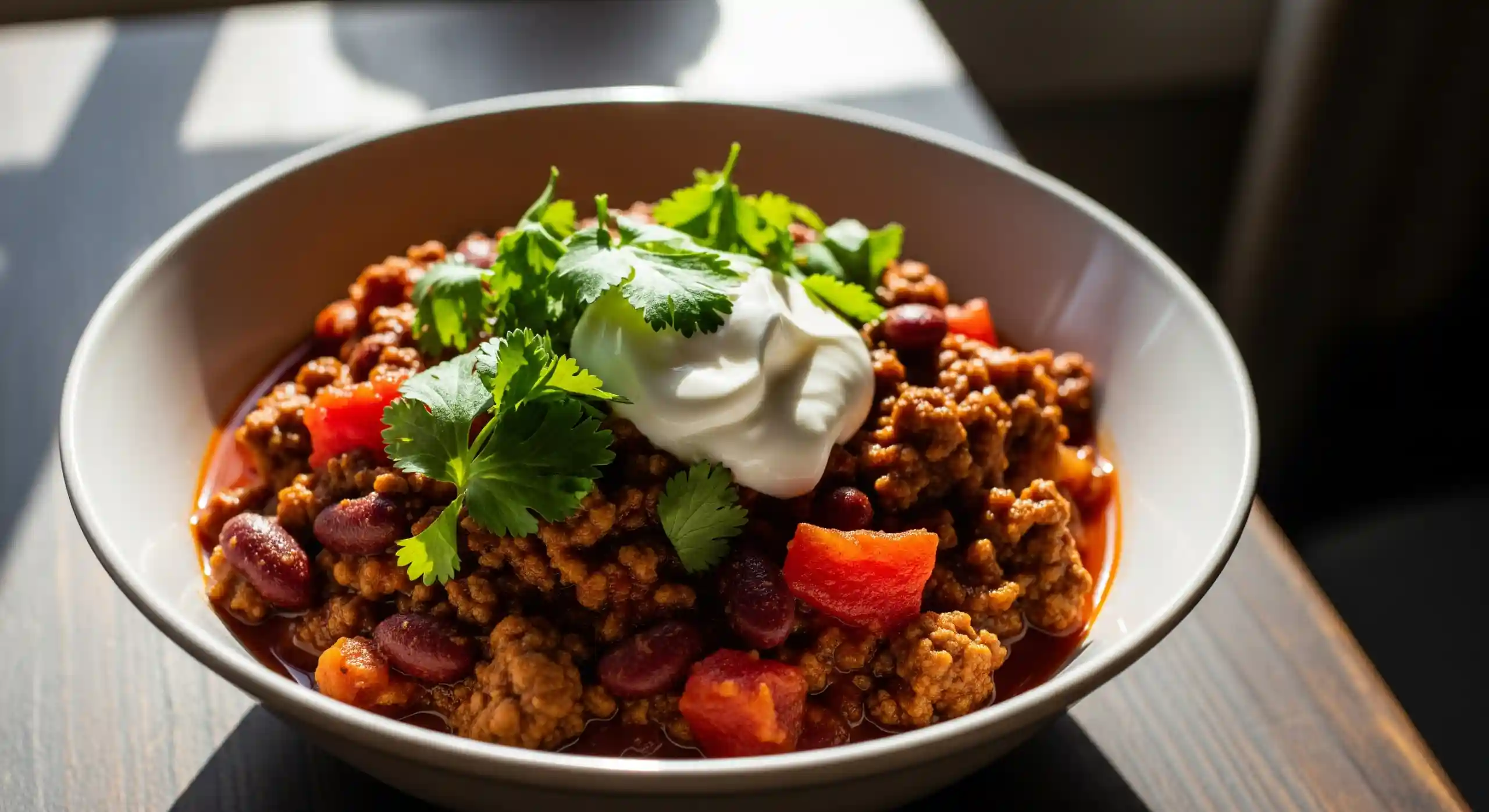 Close-up of a steaming bowl of hearty ground venison chili, garnished with fresh cilantro and sour cream on a rustic wooden table.