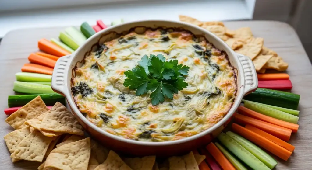 Warm, bubbly Artichoke, Spinach, and White Bean Dip in a rustic ceramic baking dish, garnished with fresh parsley, surrounded by pita chips and vegetable sticks.