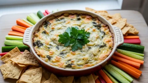 Warm, bubbly Artichoke, Spinach, and White Bean Dip in a rustic ceramic baking dish, garnished with fresh parsley, surrounded by pita chips and vegetable sticks.