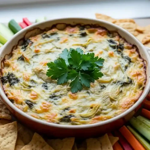 Warm, bubbly Artichoke, Spinach, and White Bean Dip in a rustic ceramic baking dish, garnished with fresh parsley, surrounded by pita chips and vegetable sticks.