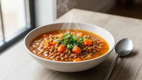 A close-up 16:9 image of a steaming bowl of healthy lentil soup, garnished with fresh parsley, served in a modern ceramic bowl on a light wooden table, exuding warmth and health.