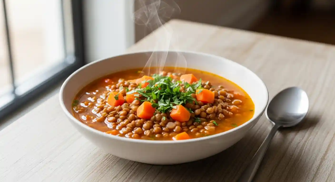 A close-up 16:9 image of a steaming bowl of healthy lentil soup, garnished with fresh parsley, served in a modern ceramic bowl on a light wooden table, exuding warmth and health.