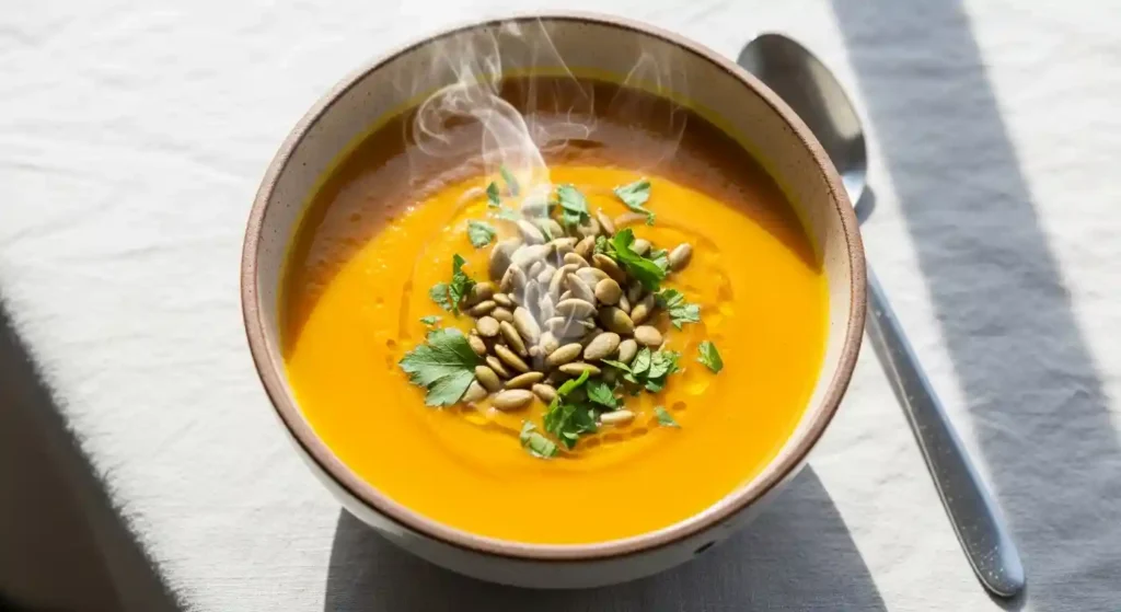 A beautifully presented bowl of creamy healthy butternut squash soup, garnished with toasted pepitas and fresh parsley.