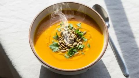 A beautifully presented bowl of creamy healthy butternut squash soup, garnished with toasted pepitas and fresh parsley.