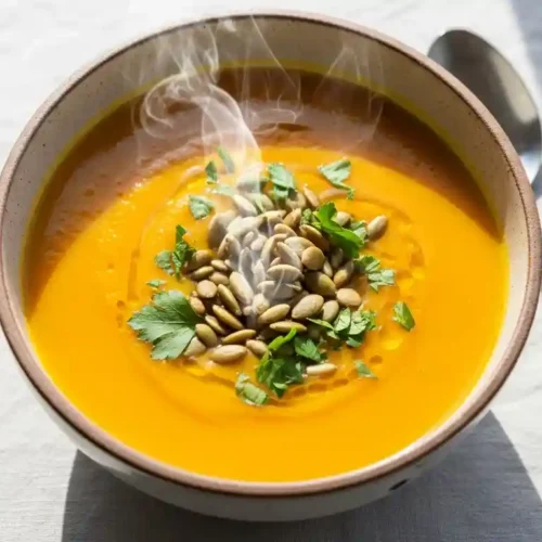 A beautifully presented bowl of creamy healthy butternut squash soup, garnished with toasted pepitas and fresh parsley.