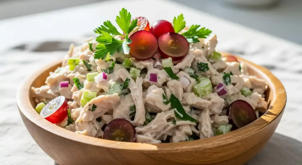 Close-up of creamy high protein chicken salad with grapes and parsley in a wooden bowl on a light tablecloth.