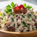 Close-up of creamy high protein chicken salad with grapes and parsley in a wooden bowl on a light tablecloth.