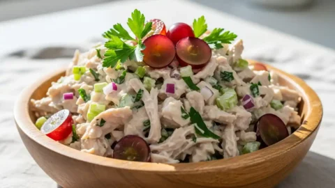 Close-up of creamy high protein chicken salad with grapes and parsley in a wooden bowl on a light tablecloth.