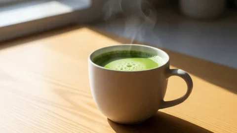 A vibrant green, steaming Japanese Mounjaro drink in an elegant ceramic mug, professionally styled for a food blog.