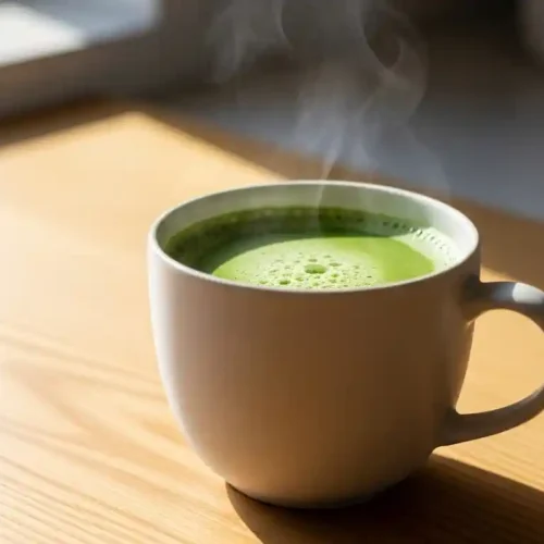 A vibrant green, steaming Japanese Mounjaro drink in an elegant ceramic mug, professionally styled for a food blog.