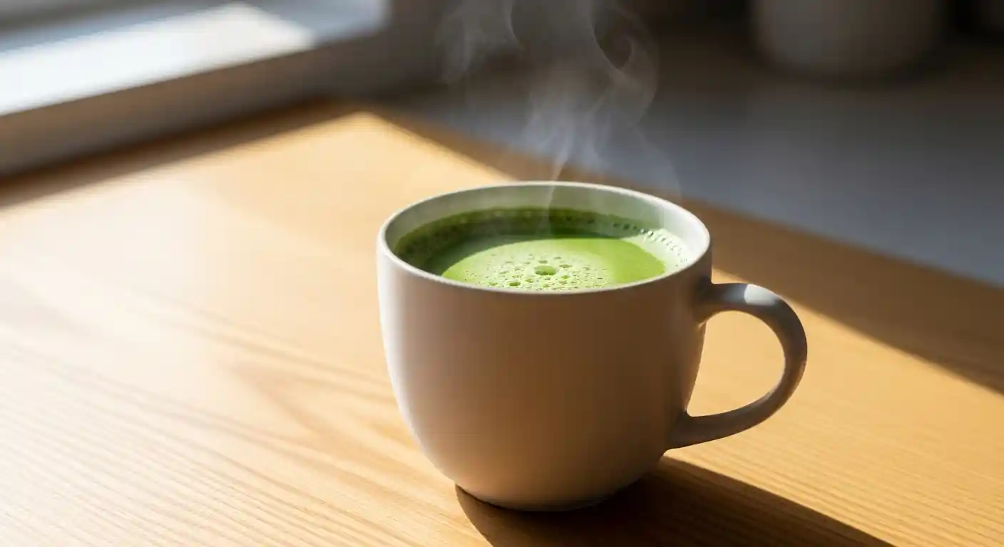 A vibrant green, steaming Japanese Mounjaro drink in an elegant ceramic mug, professionally styled for a food blog.