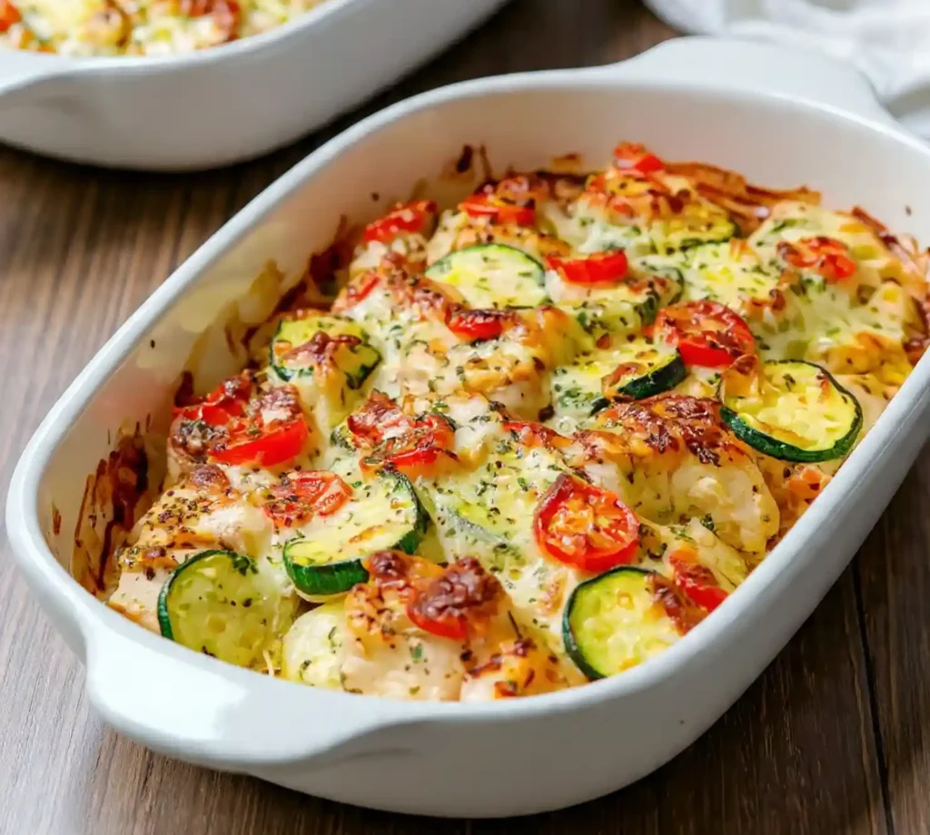 A close-up view of Mediterranean Chicken Zucchini Bake, featuring golden melted feta cheese, sliced zucchini, chicken cubes, and cherry tomatoes, served on a white plate.