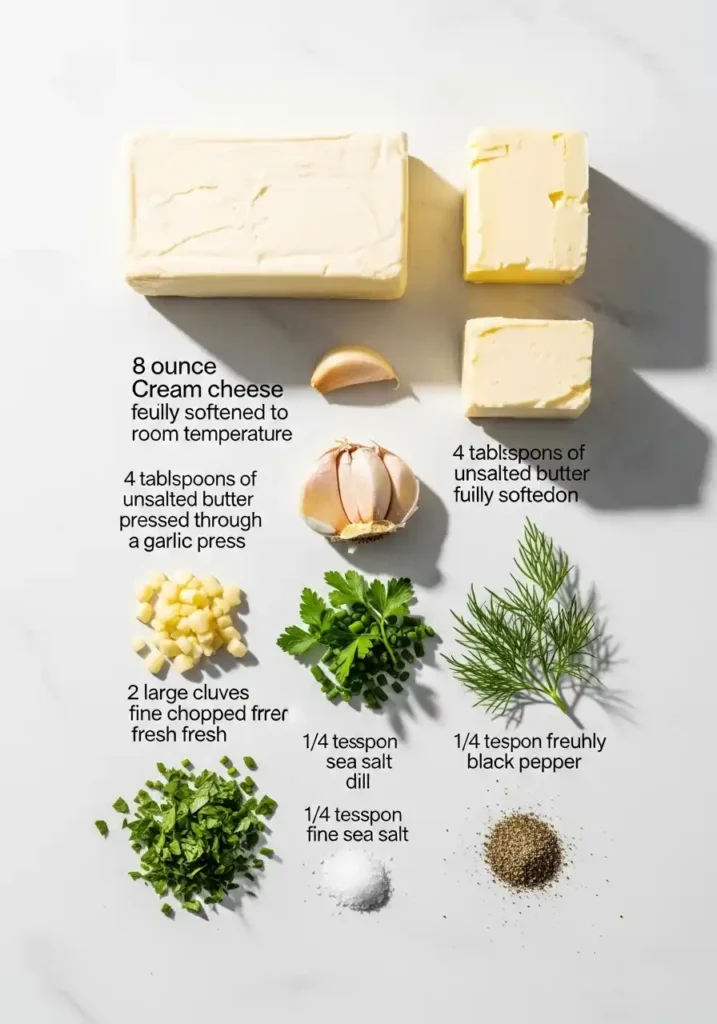 Flat-lay arrangement of fresh ingredients for a homemade Boursin cheese recipe, featuring cream cheese, butter, minced garlic, parsley, chives, dill, sea salt, and black pepper.