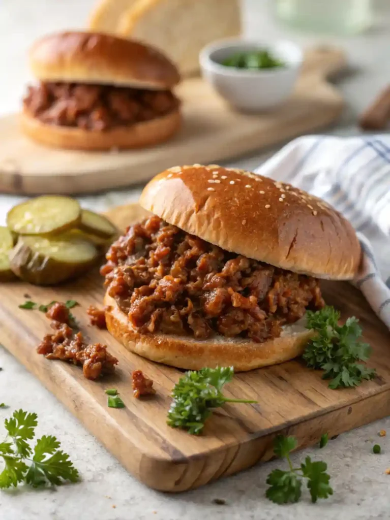 Close-up of a sloppy joe sandwich overflowing with thick, meaty, saucy filling on a golden toasted bun, served with pickles on a wooden board.