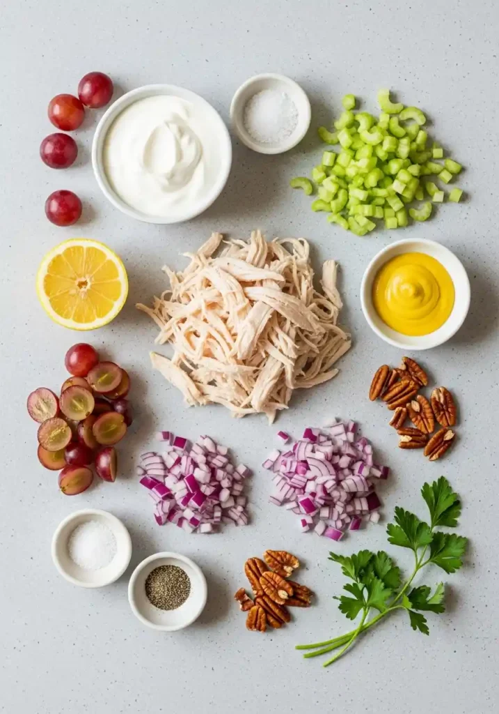 Flat lay of high protein chicken salad ingredients: shredded chicken, Greek yogurt, celery, red onion, lemon, Dijon, salt, pepper, grapes, pecans, parsley.