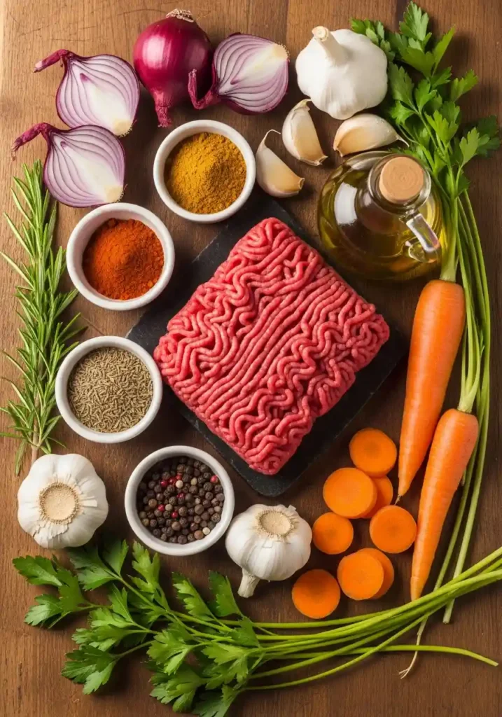 Flat lay of fresh ground venison, diced onion, garlic, assorted spices, olive oil, apple cider vinegar, and beef broth on a light wooden surface.