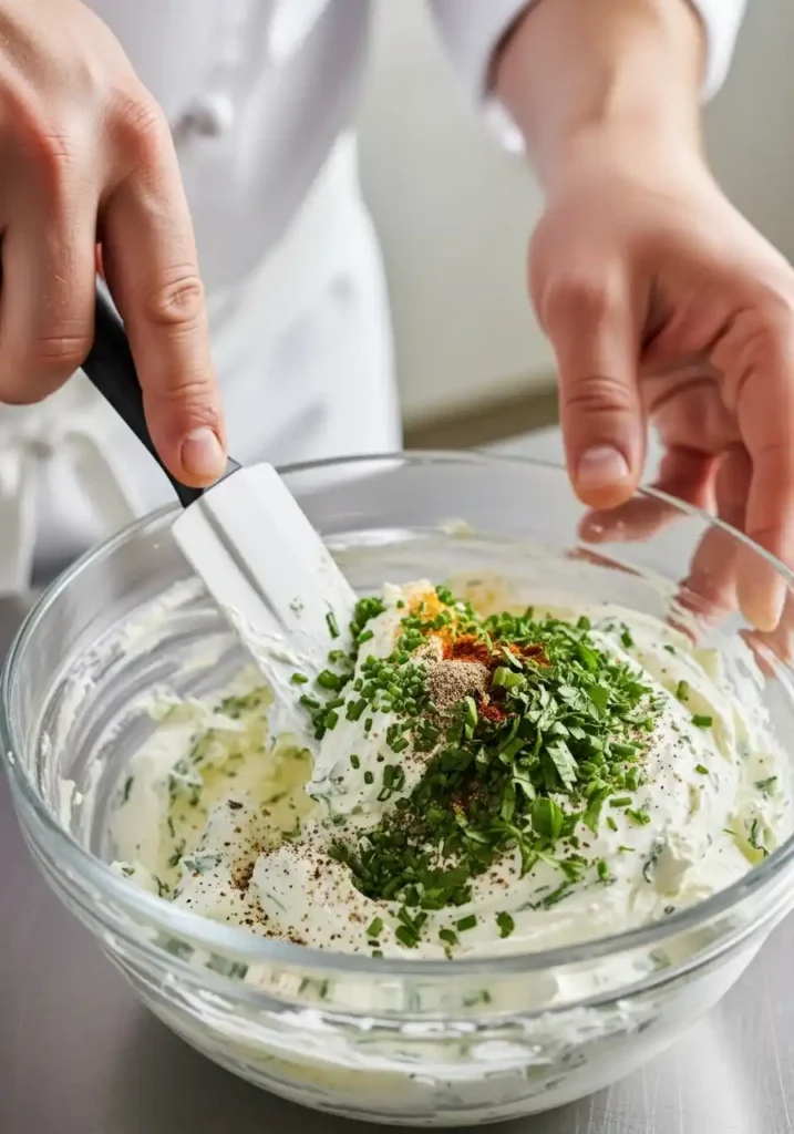 Close-up of a chef gently folding fresh herbs and spices into a creamy white cheese mixture with a spatula