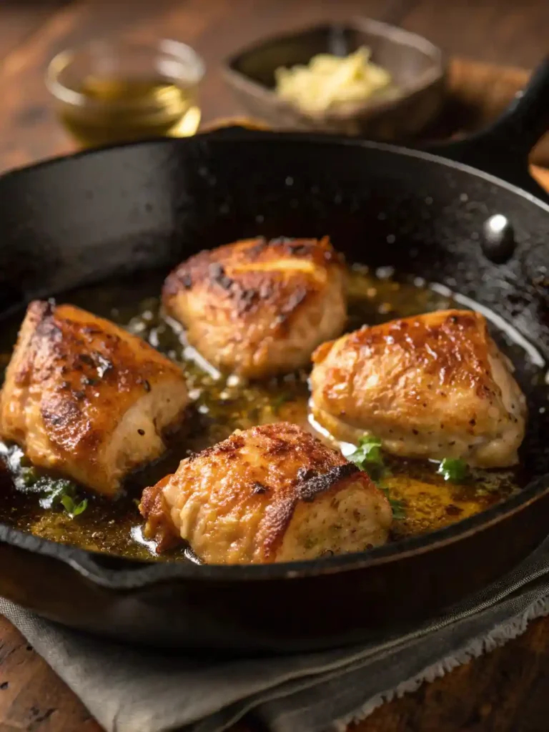 Chicken bites achieving a deep golden sear in a hot cast iron skillet.