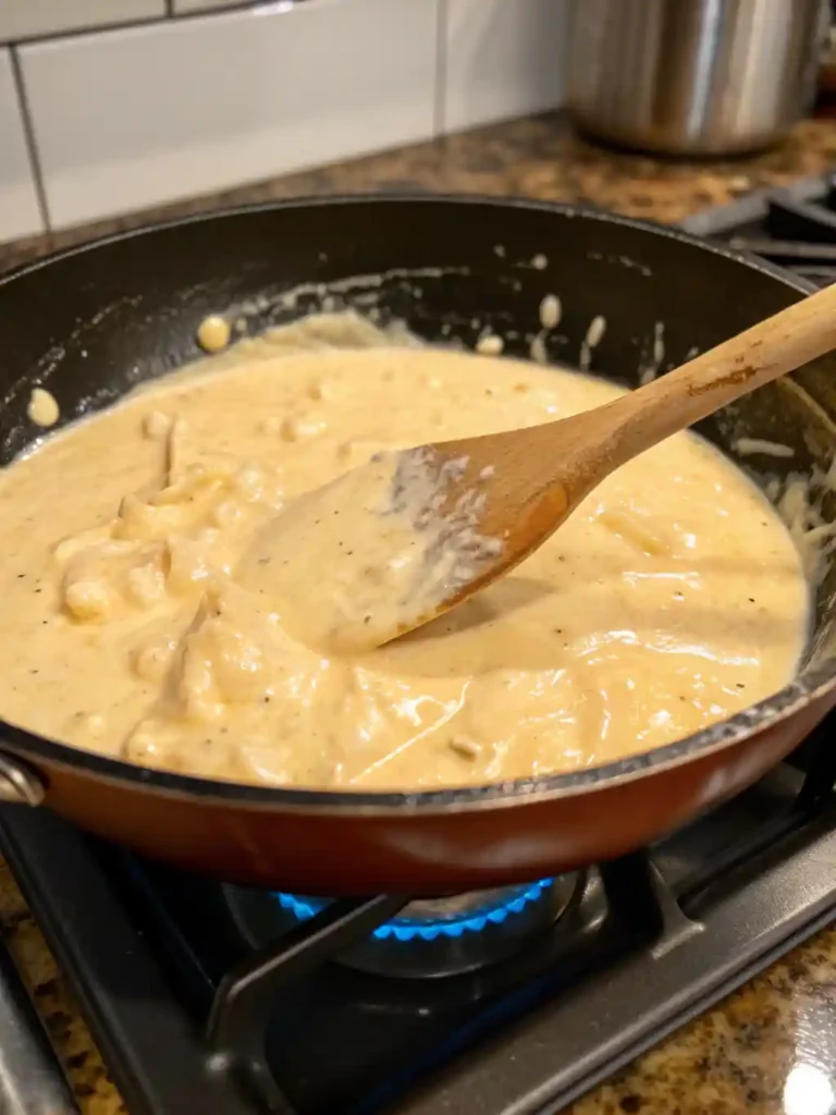 Smooth, creamy cottage cheese Alfredo sauce being gently warmed and stirred in a wide skillet on a low-heat burner.