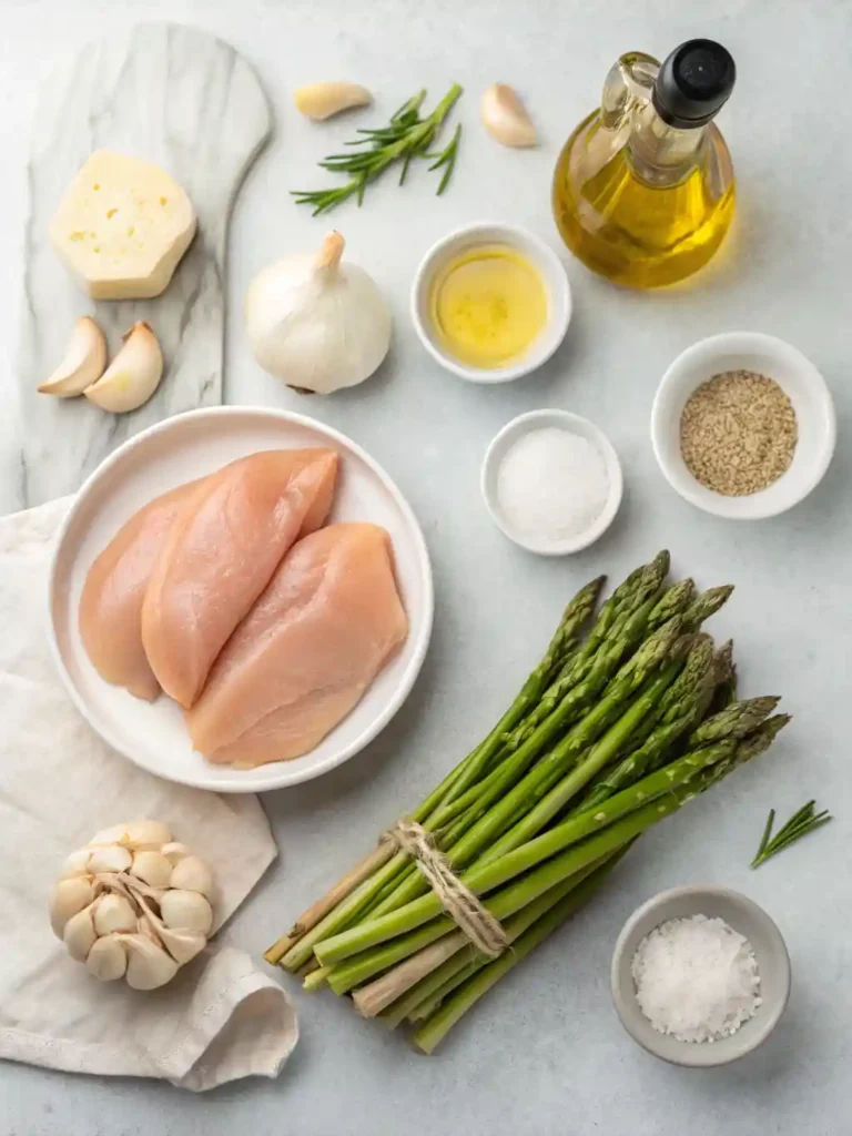 Overhead view of fresh ingredients including raw chicken, asparagus, garlic, butter, and spices laid out on a marble surface.