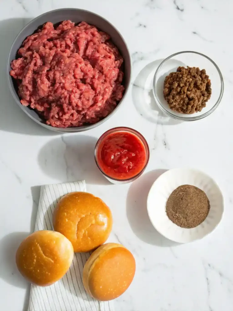 Overhead flat lay of the three main ingredients: raw ground beef, ketchup, and brown sugar, alongside hamburger buns.