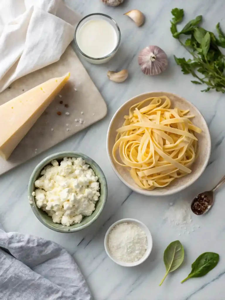 Overhead flat lay of the raw ingredients for Easy Cottage Cheese Alfredo: dry pasta, cottage cheese in a bowl, a block of Parmesan cheese, garlic, and milk.