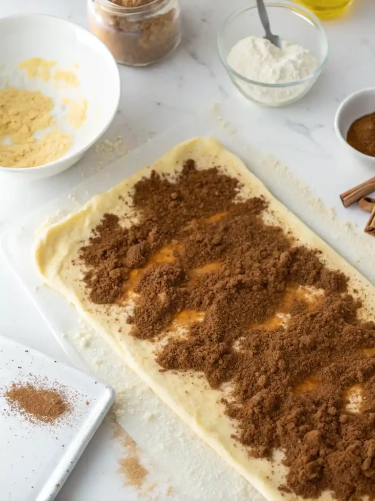 Rolled-out dough covered in melted butter and topped with a thick layer of brown sugar and cinnamon filling.