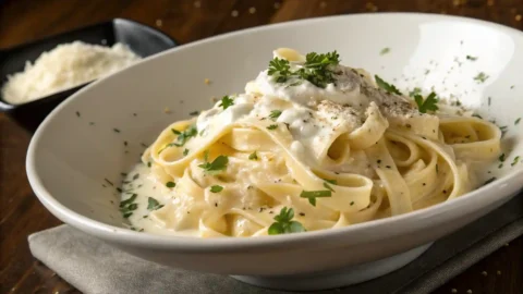 Wide shot of a bowl of creamy Cottage Cheese Alfredo pasta garnished with fresh Parmesan and black pepper on a rustic dark wood table, ready to eat.