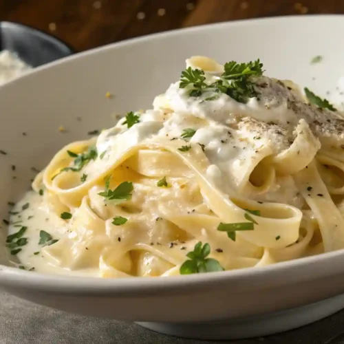Wide shot of a bowl of creamy Cottage Cheese Alfredo pasta garnished with fresh Parmesan and black pepper on a rustic dark wood table, ready to eat.